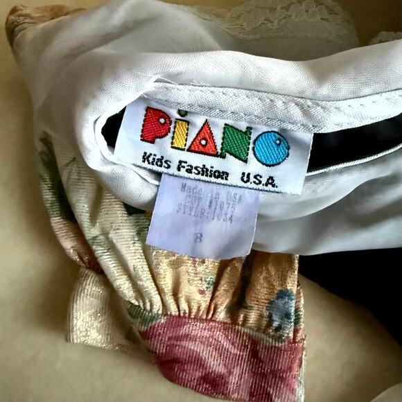 Vintage 90s Piano Kids Fashion Dress Girls 8 Multi Floral Print Lace Bow Party - Picture 4 of 4